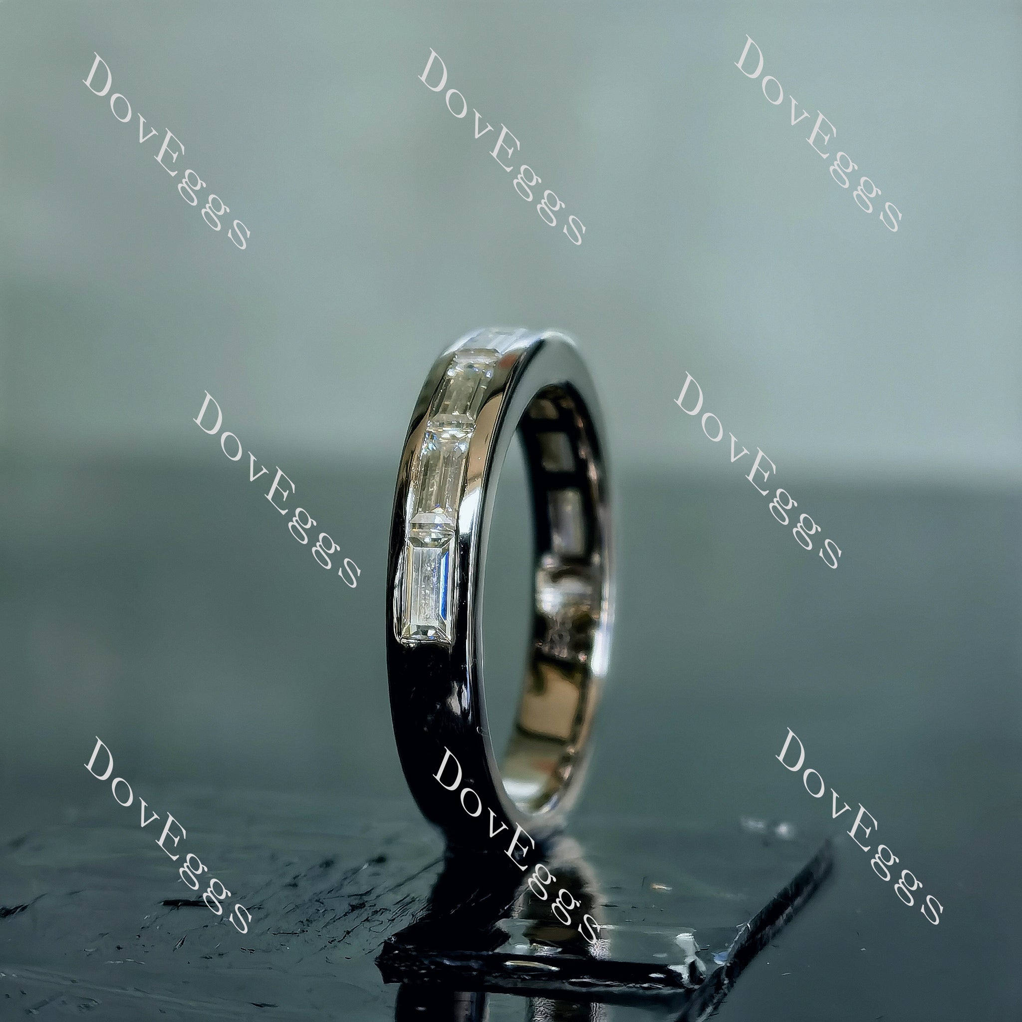 Doveggs elongated emerald bezel channel set moissanite bridal set (2 rings)