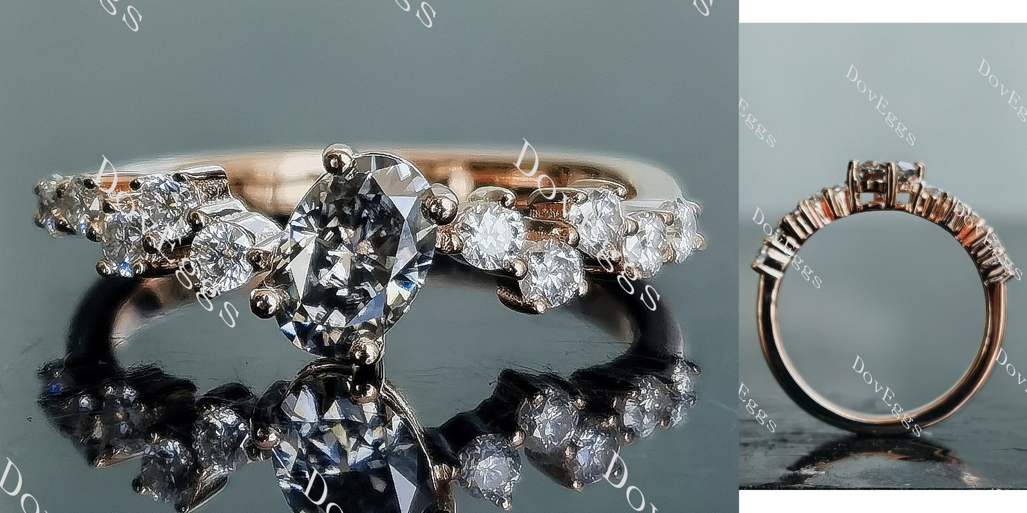 Olive 4*6mm oval art deco stardust grey moissanite engagement ring