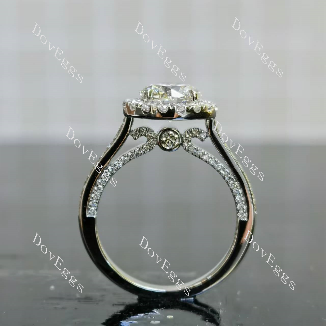 Doveggs round halo pave vintage moissanite engagement ring