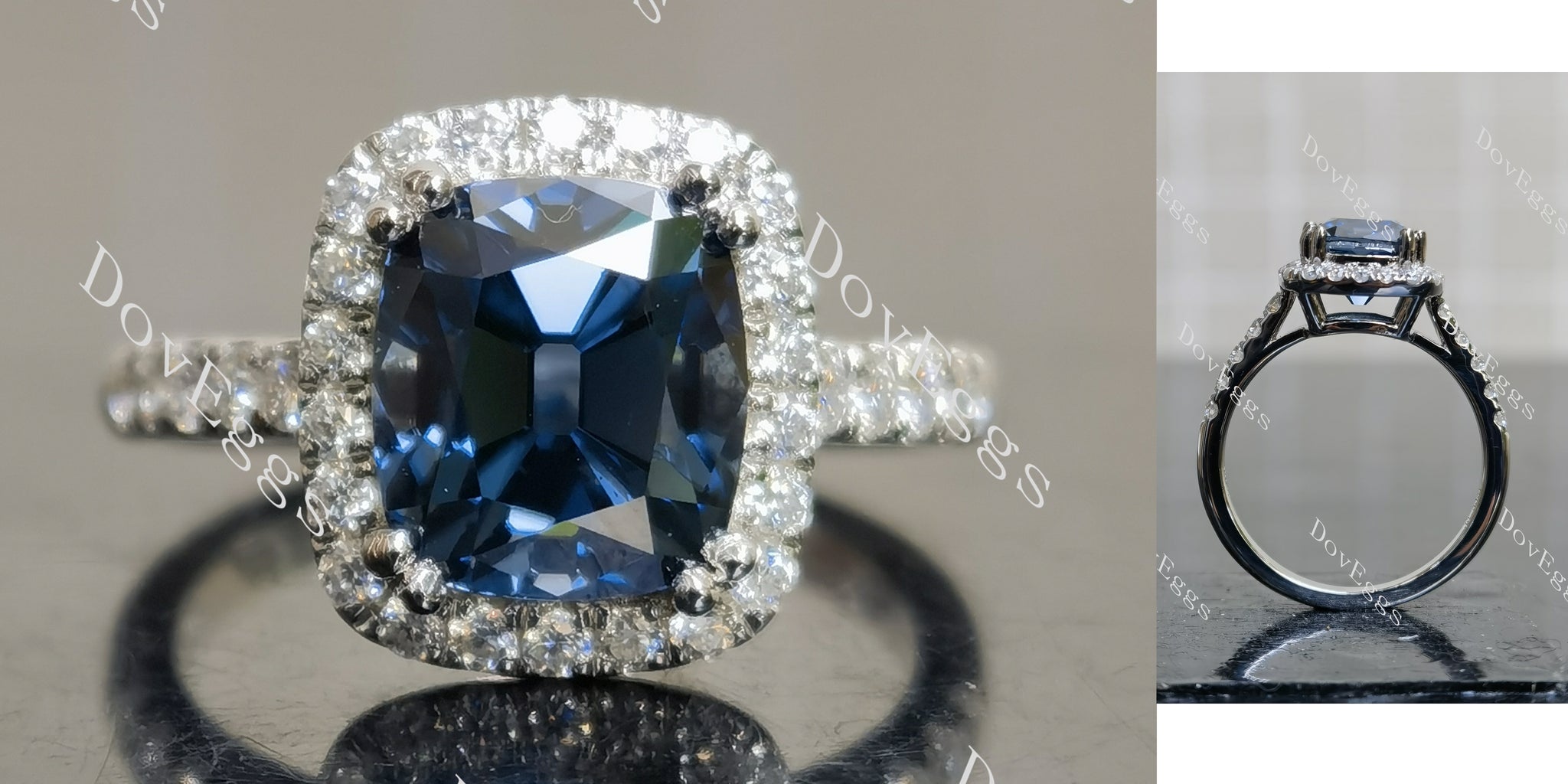 cushion halo twilight blue moissanite engagement ring