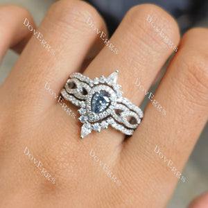 (size 9) Doveggs sterling silver 0.5ct pear smokey sparks grey colored moissanite ring bridal set(3 rings)
