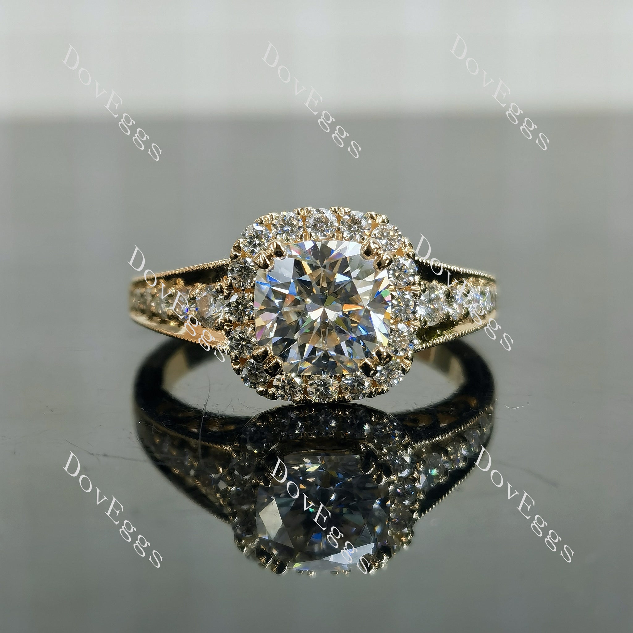 Doveggs cushion pave halo half enternity moissanite engagement ring