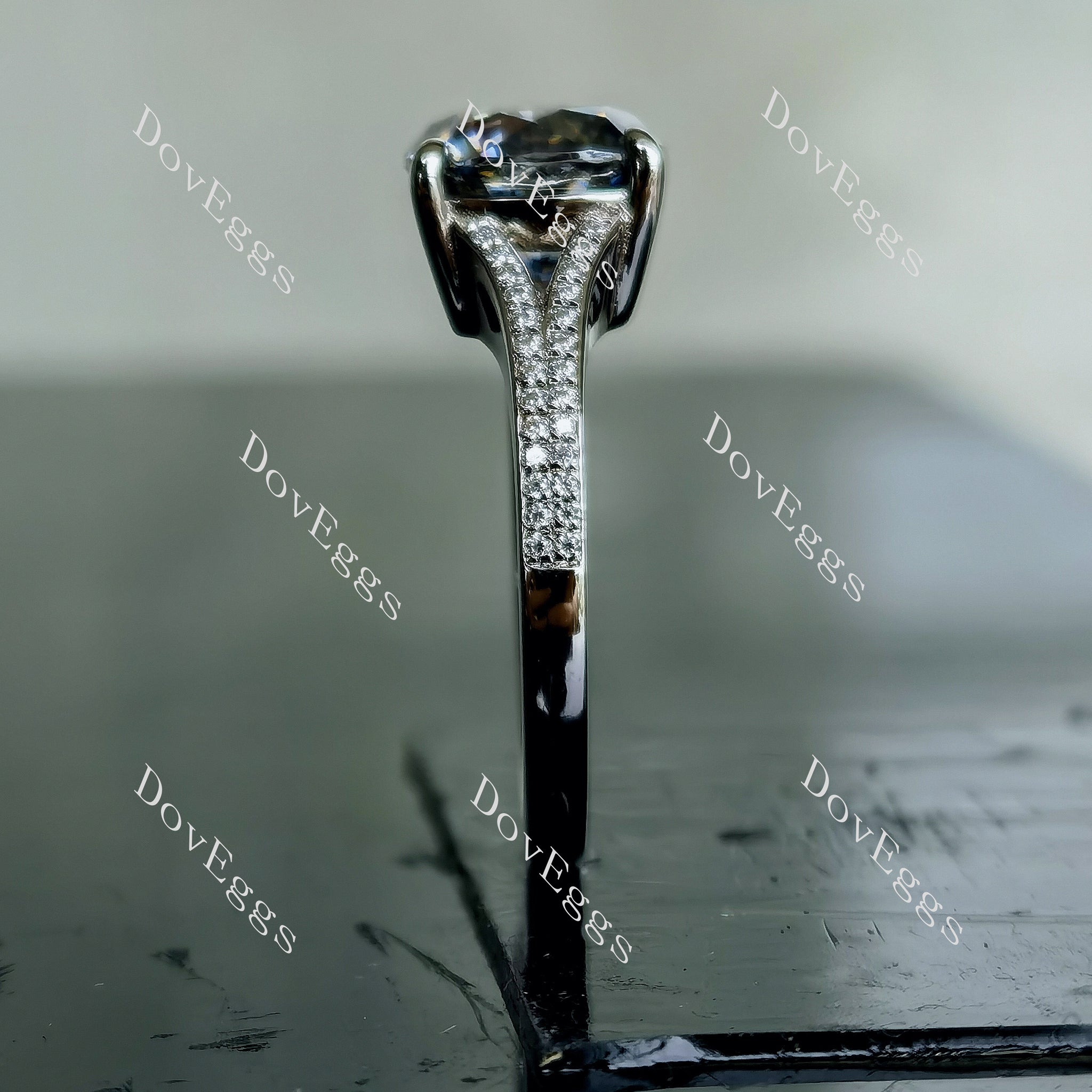 Doveggs half eternity pave split shank twilight blue moissanite engagement ring
