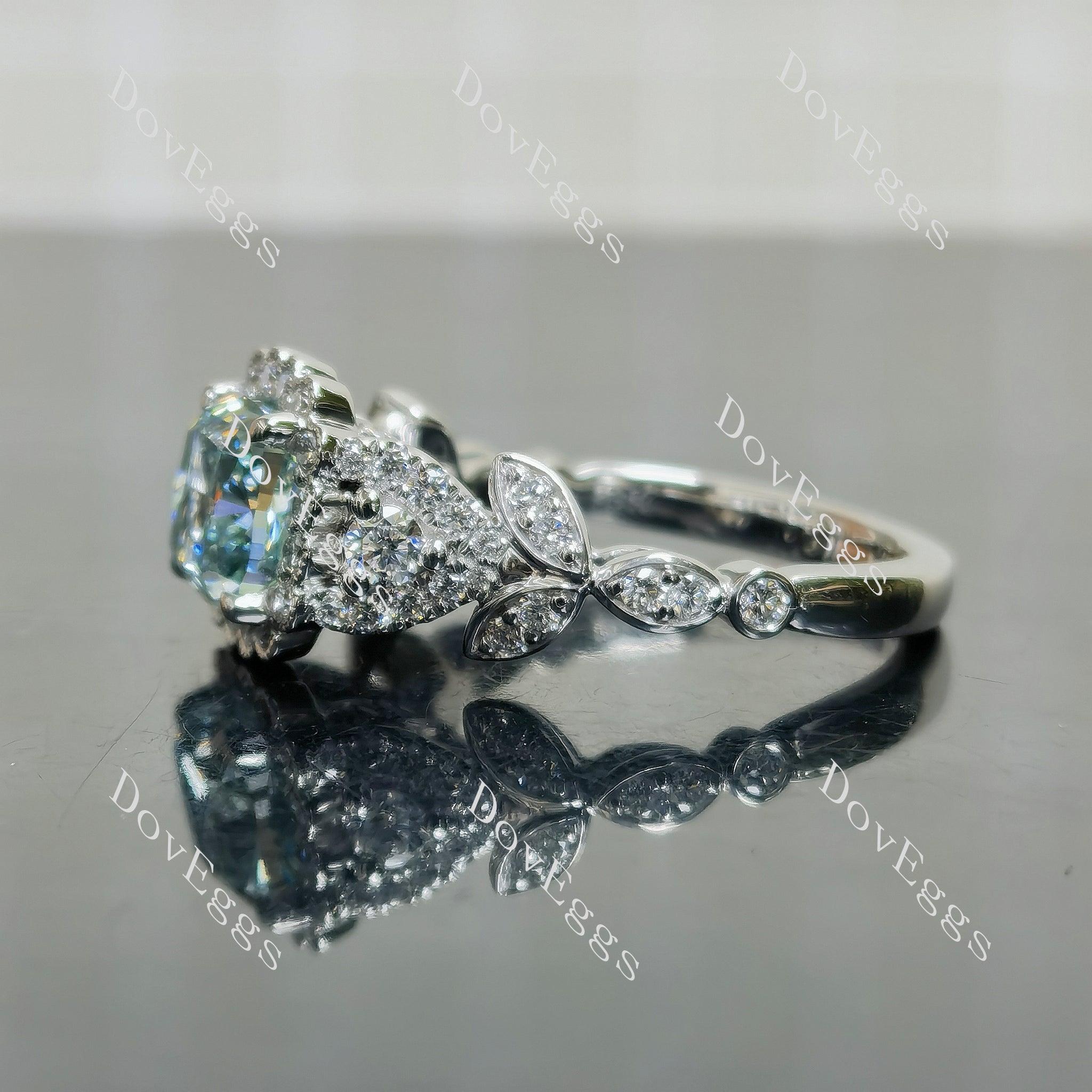 Julie’s Whale Tail cushion art deco pave colored moissanite engagement ring