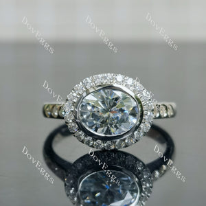 Doveggs oval pave halo bezel colored moissanite engagement ring
