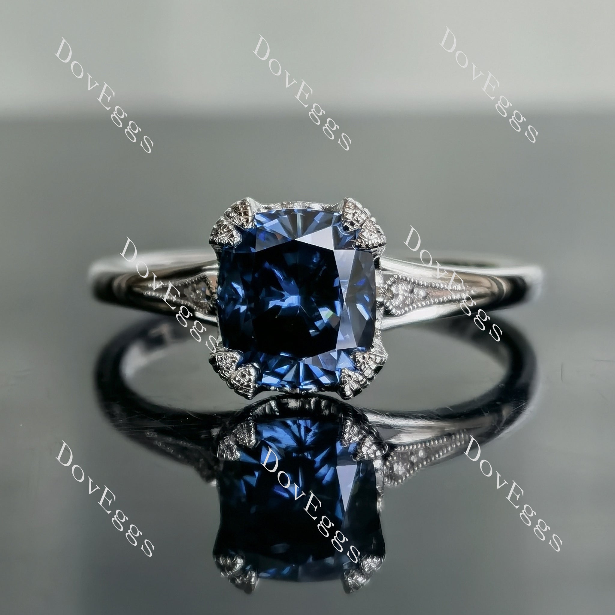Doveggs cushion art deco twilight blue moissanite engagement ring