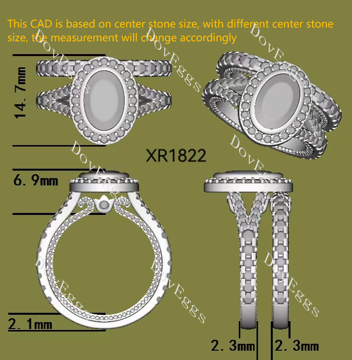 Doveggs oval bezel halo split shanks 3/4 enternity moissanite engagement ring