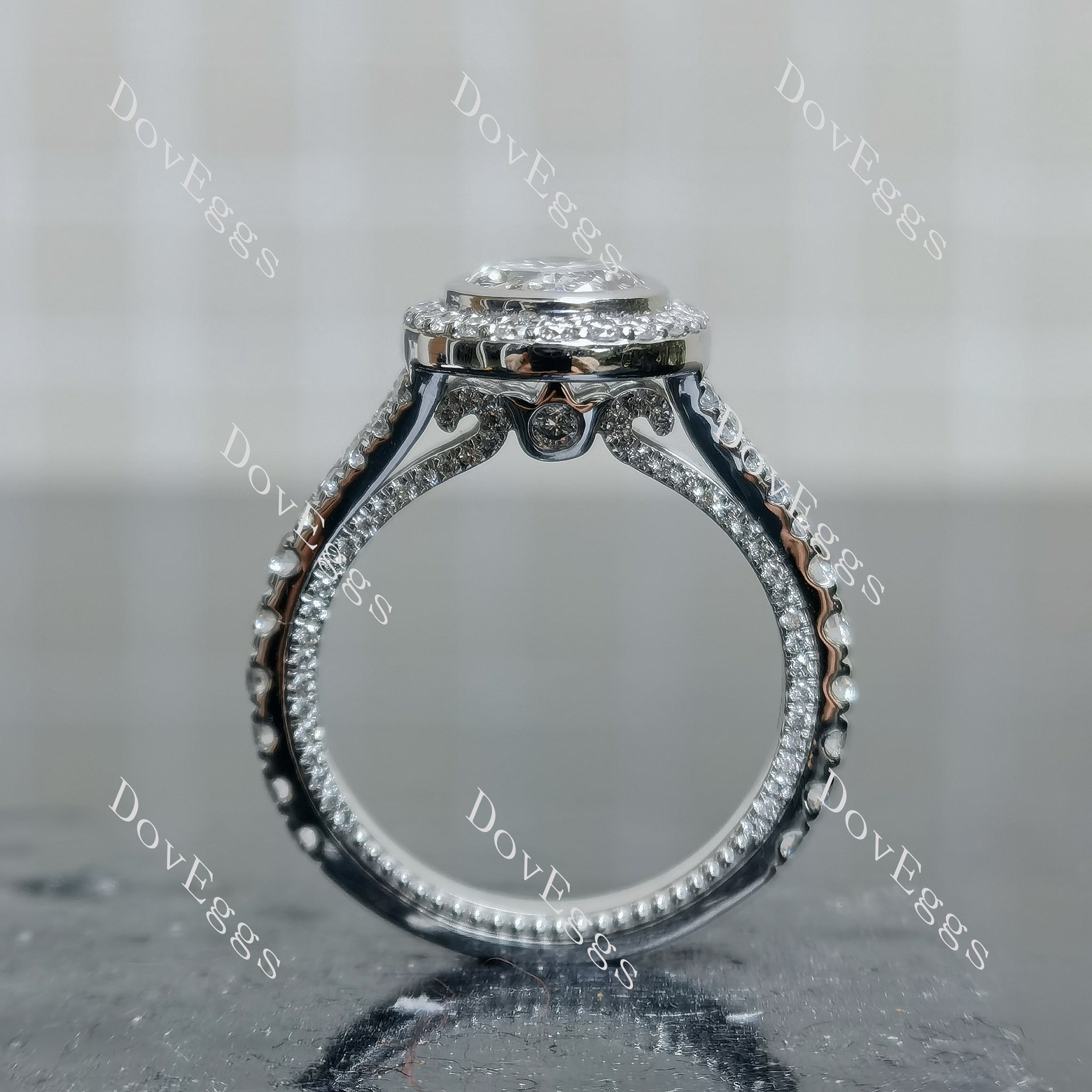 Doveggs Oval Bezel Halo Split Shanks 3/4 Eternity Lab Grown Diamond Engagement Ring