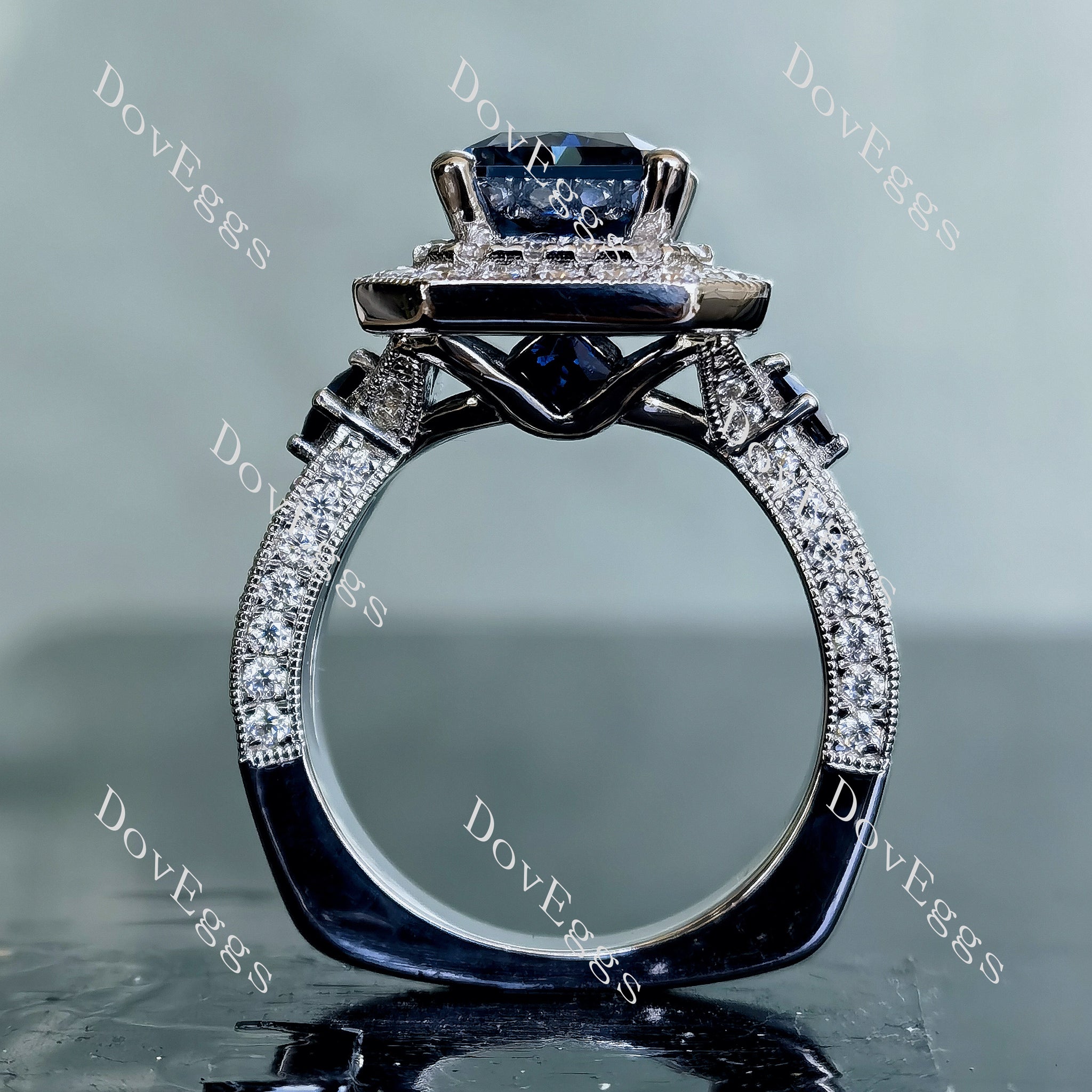 DovEggs radiant pave halo twilight blue moissanite engagement ring