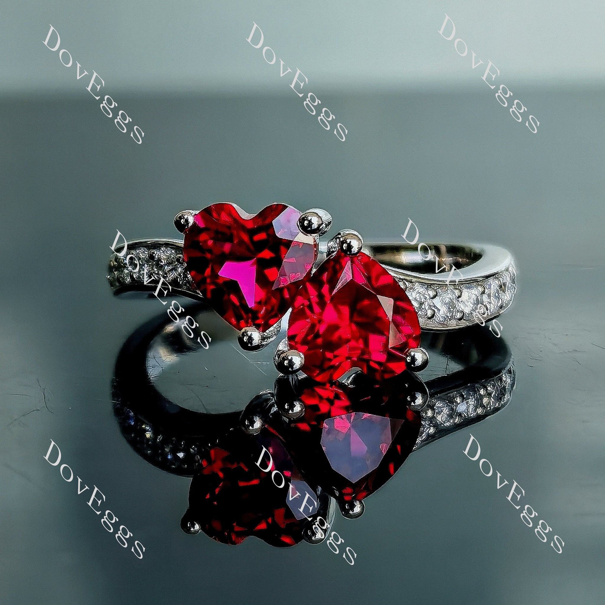 Doveggs Two heart half eternity pave colored gem engagement ring