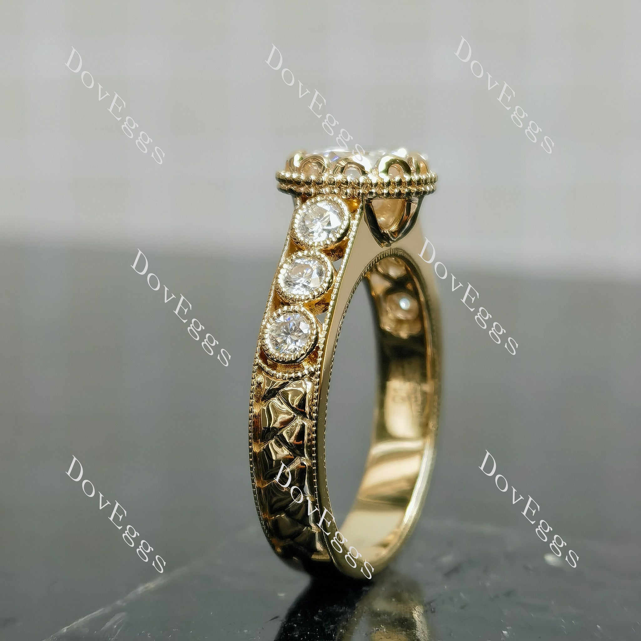Doveggs round bezel pave art deco vintage moissanite engagement ring
