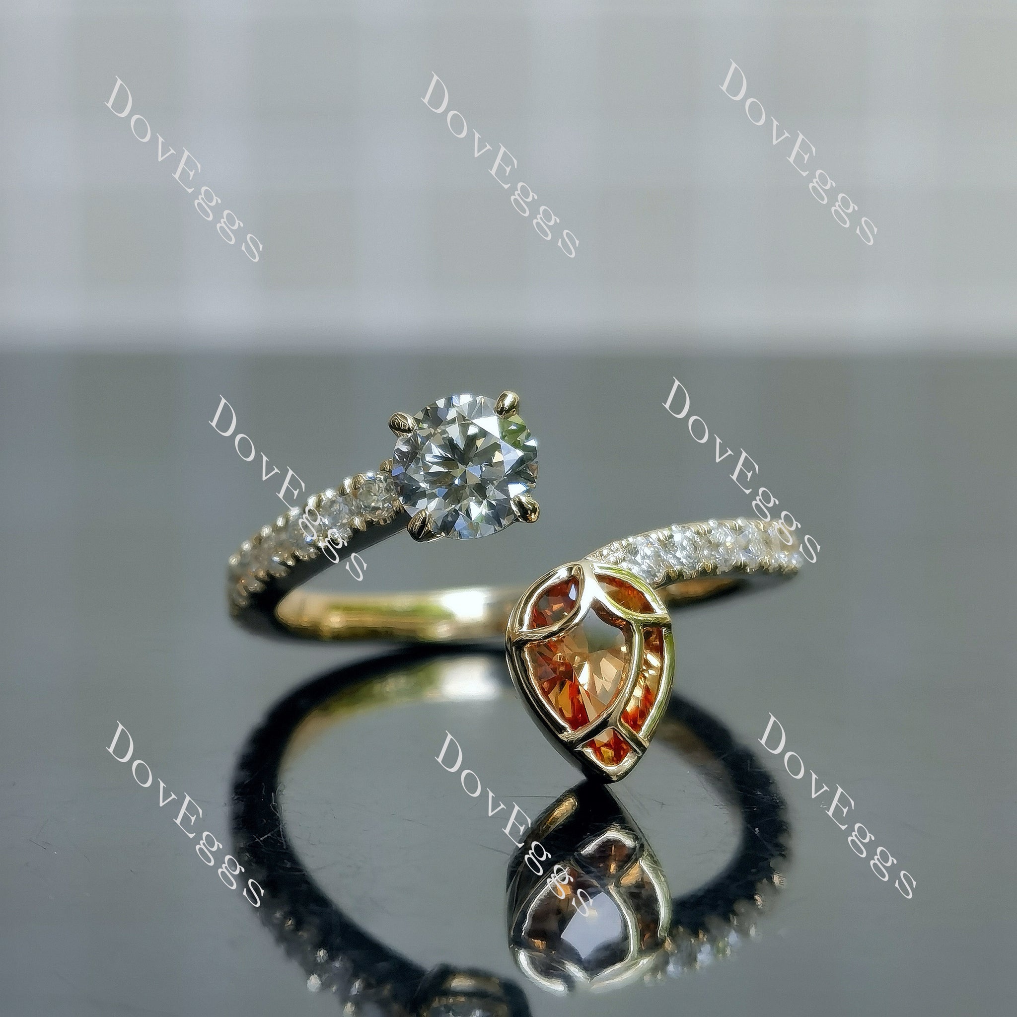 Fire Lotus Pear Round Pave Lab Grown Diamond Engagement Ring