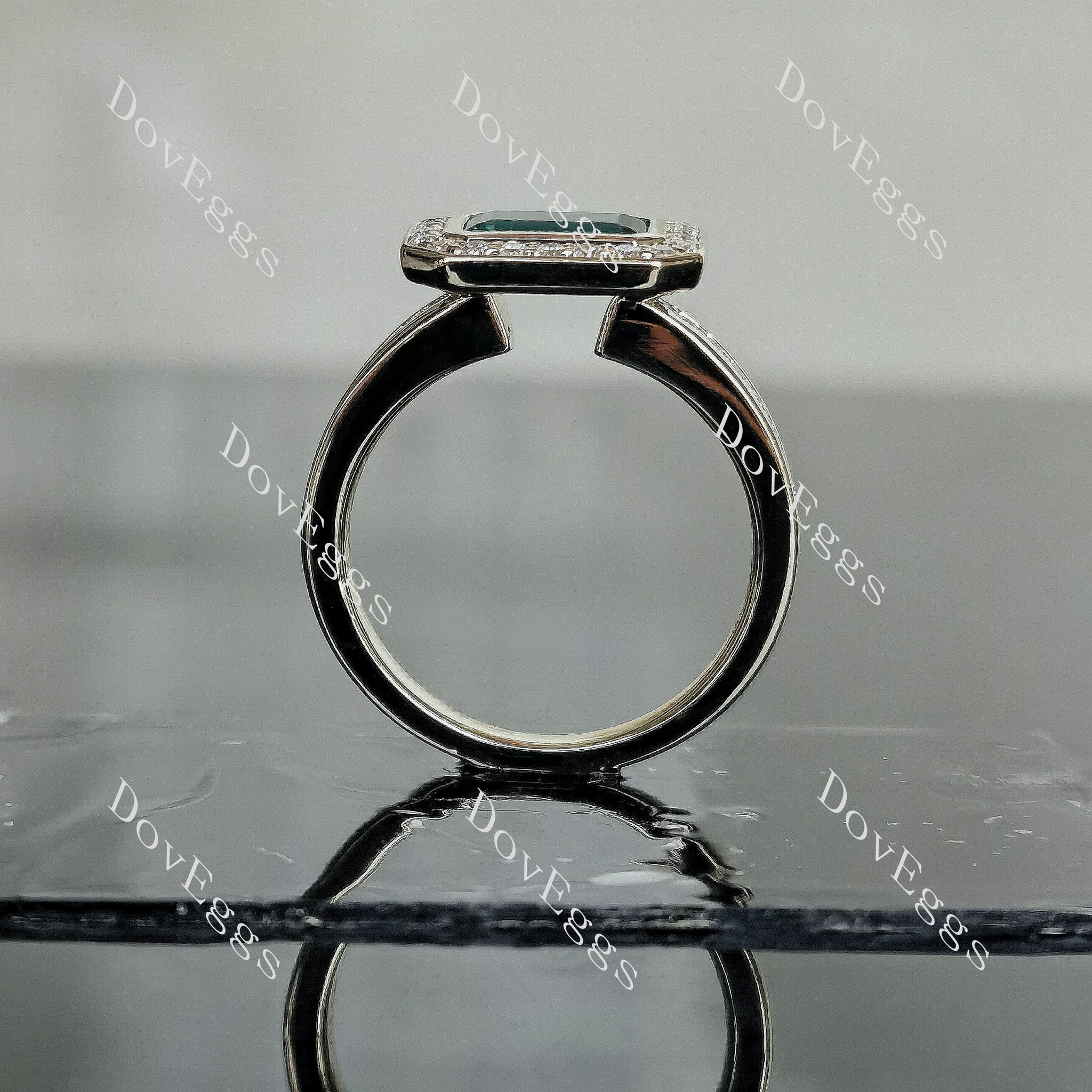 Doveggs elongated emerald halo colored gem engagement ring