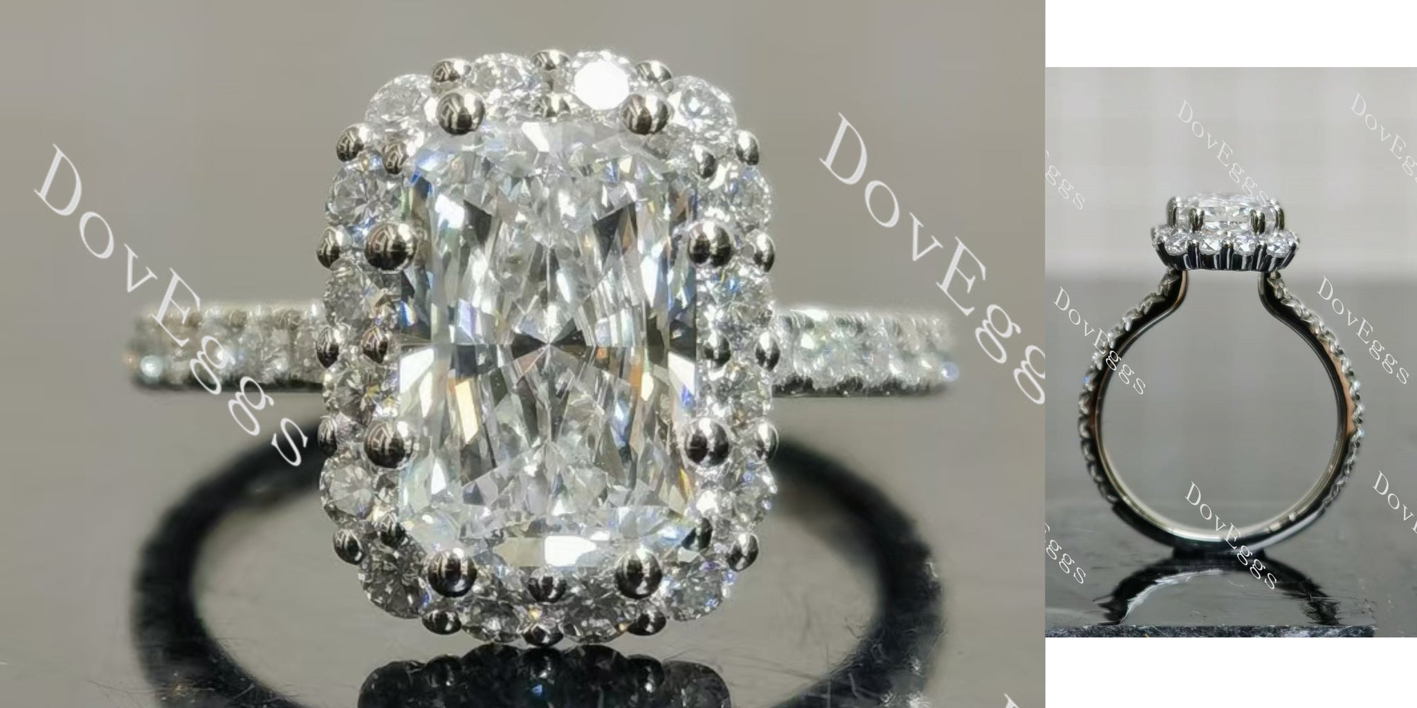 radiant halo pave moissnaite engagement ring