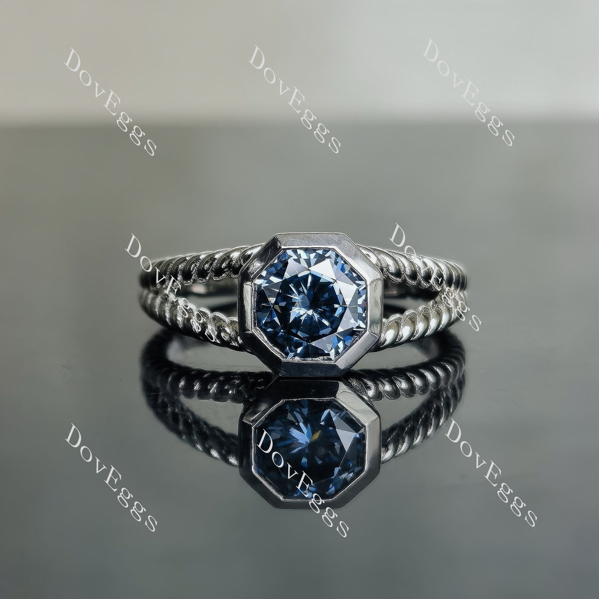 Doveggs octagon solitaire bezel twilight blue moissanite engagement ring