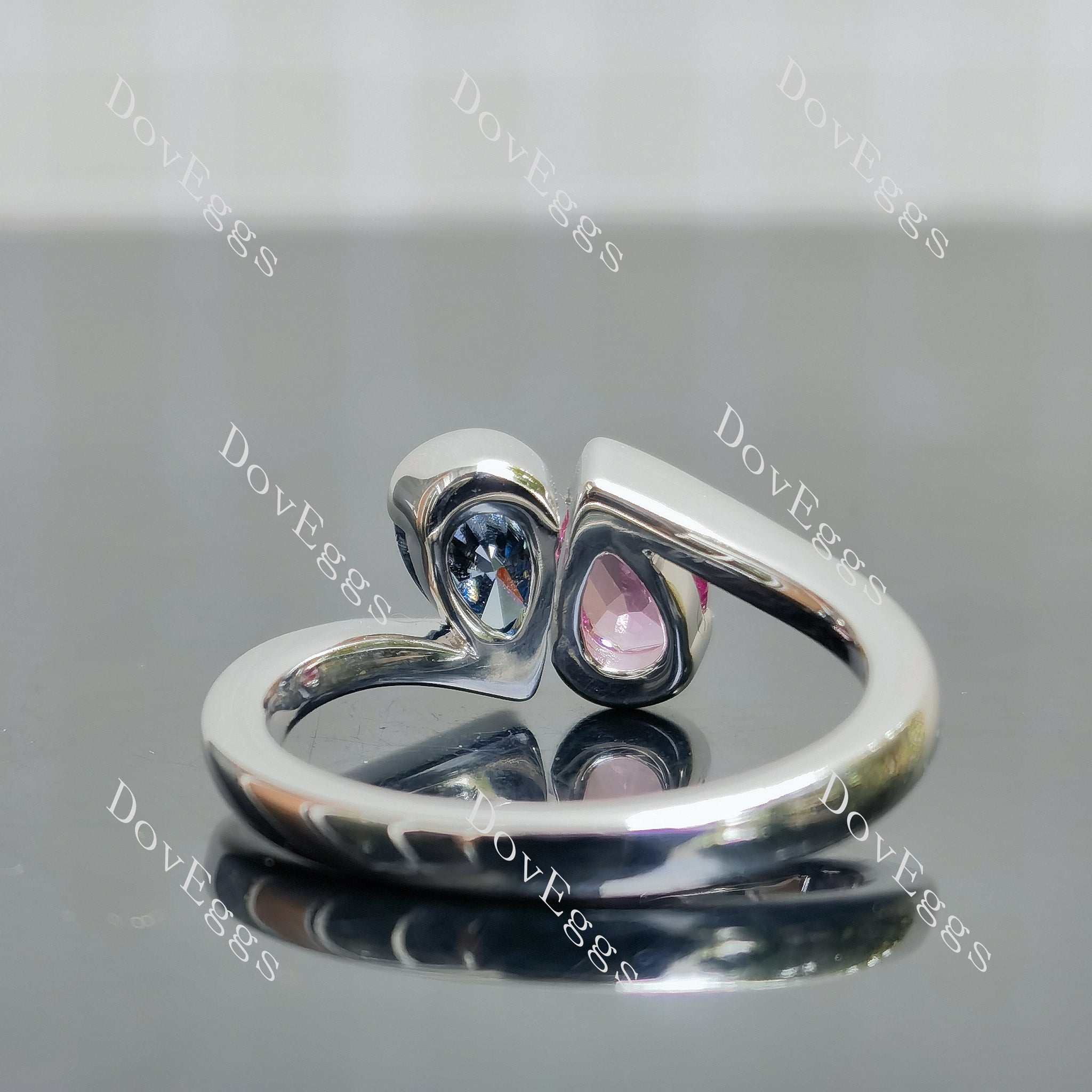 Doveggs pear bezel two stones twilight blue moissanite & colored gem moissanite engagement ring