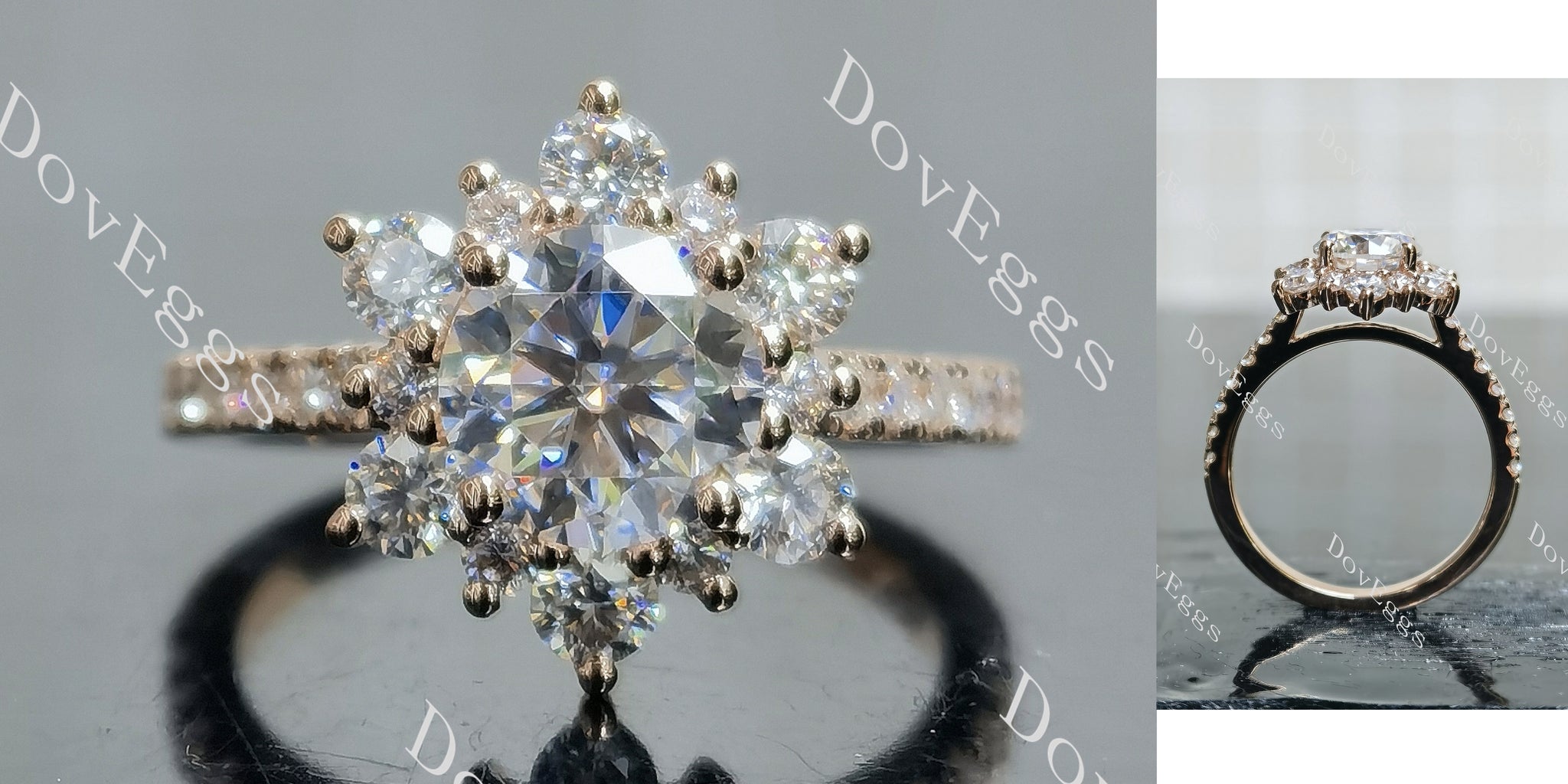 round floral half enternity moissanite engagement ring