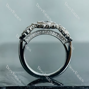 Doveggs round floral halo three stones moissanite engagement ring