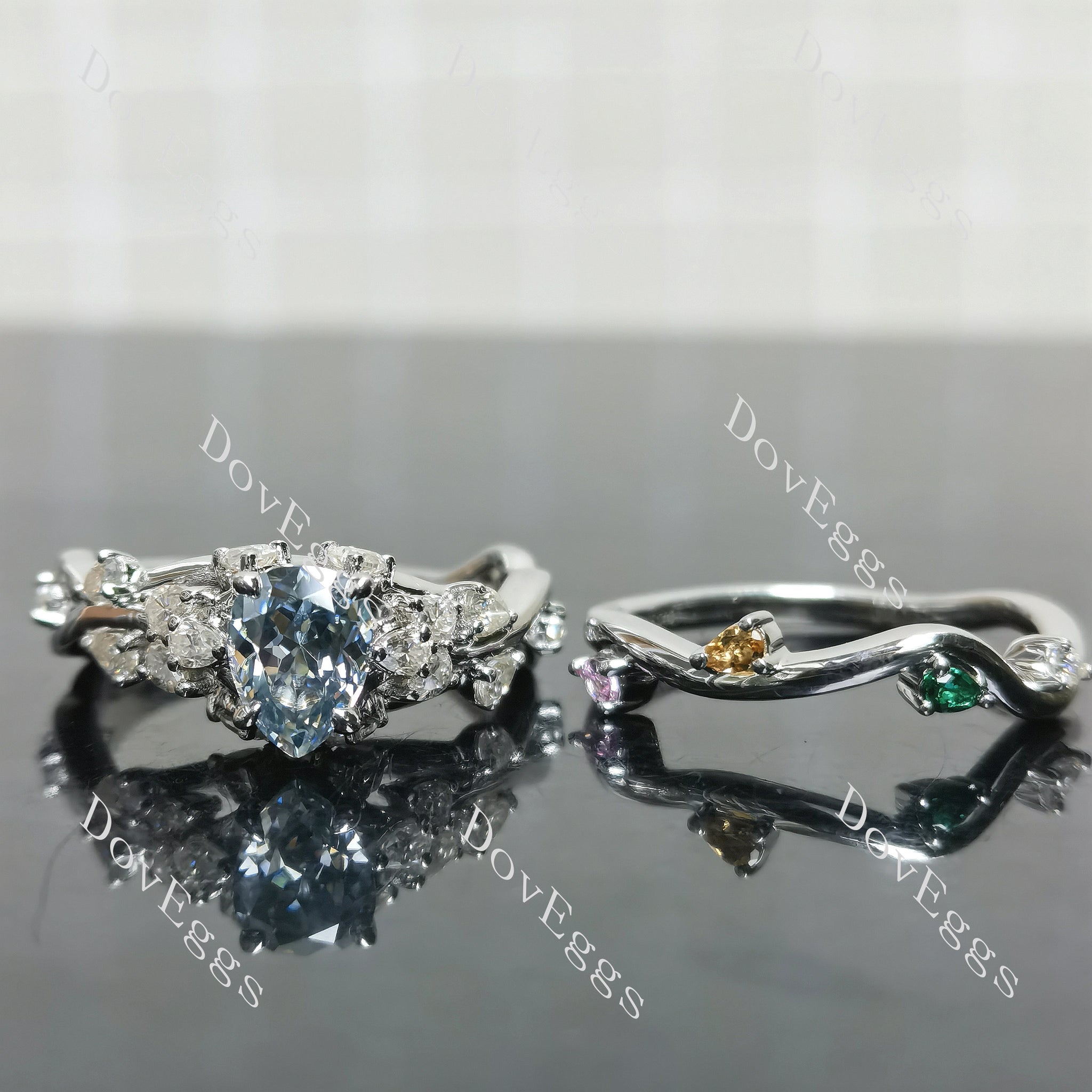 (size 9)Doveggs sterling silver 1.5ct Pear moissanite engagement ring set