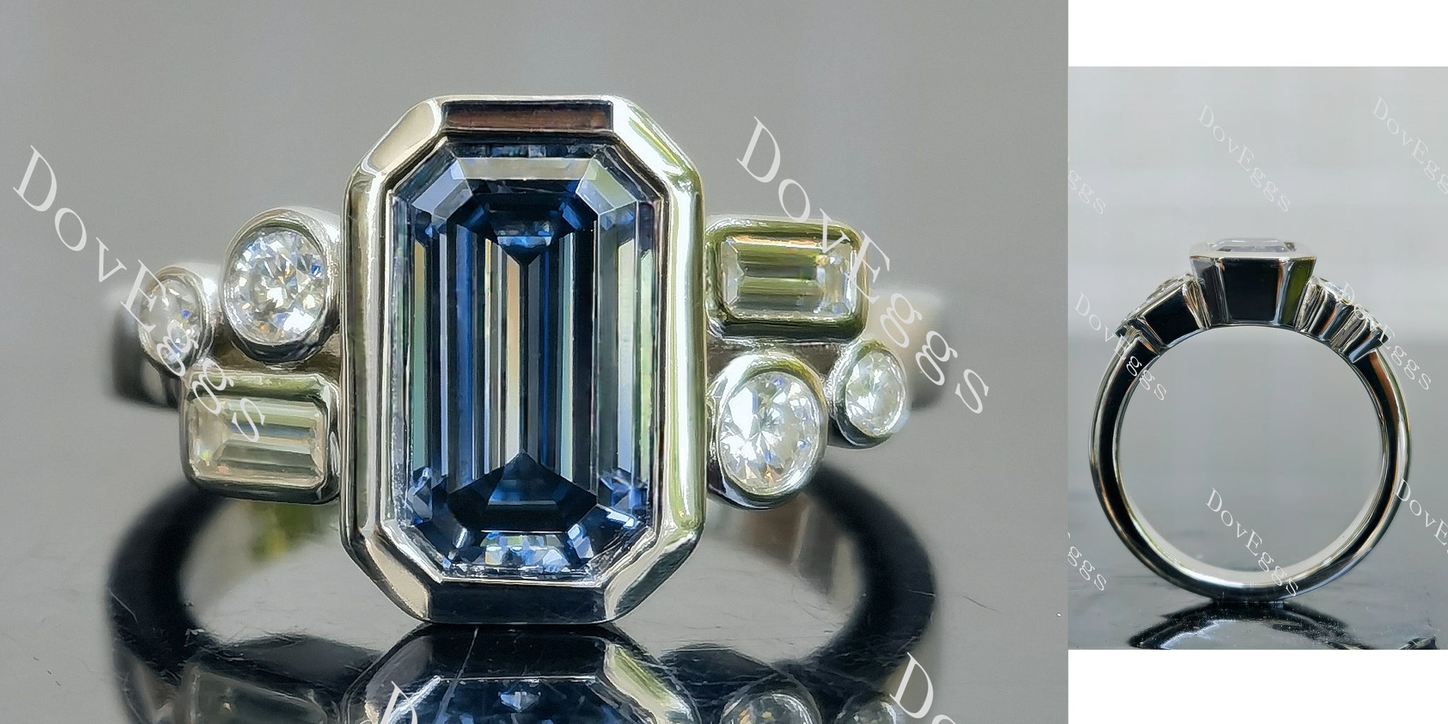 elongated emerald bezel side stones twilight blue moissanite