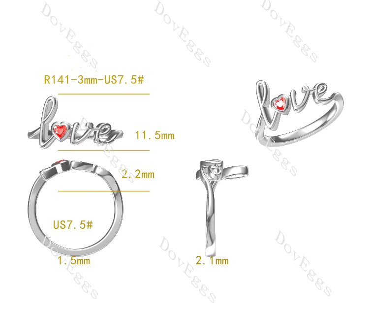 Doveggs heart letters moissanite/lab grown diamond wedding band-2.1mm band width