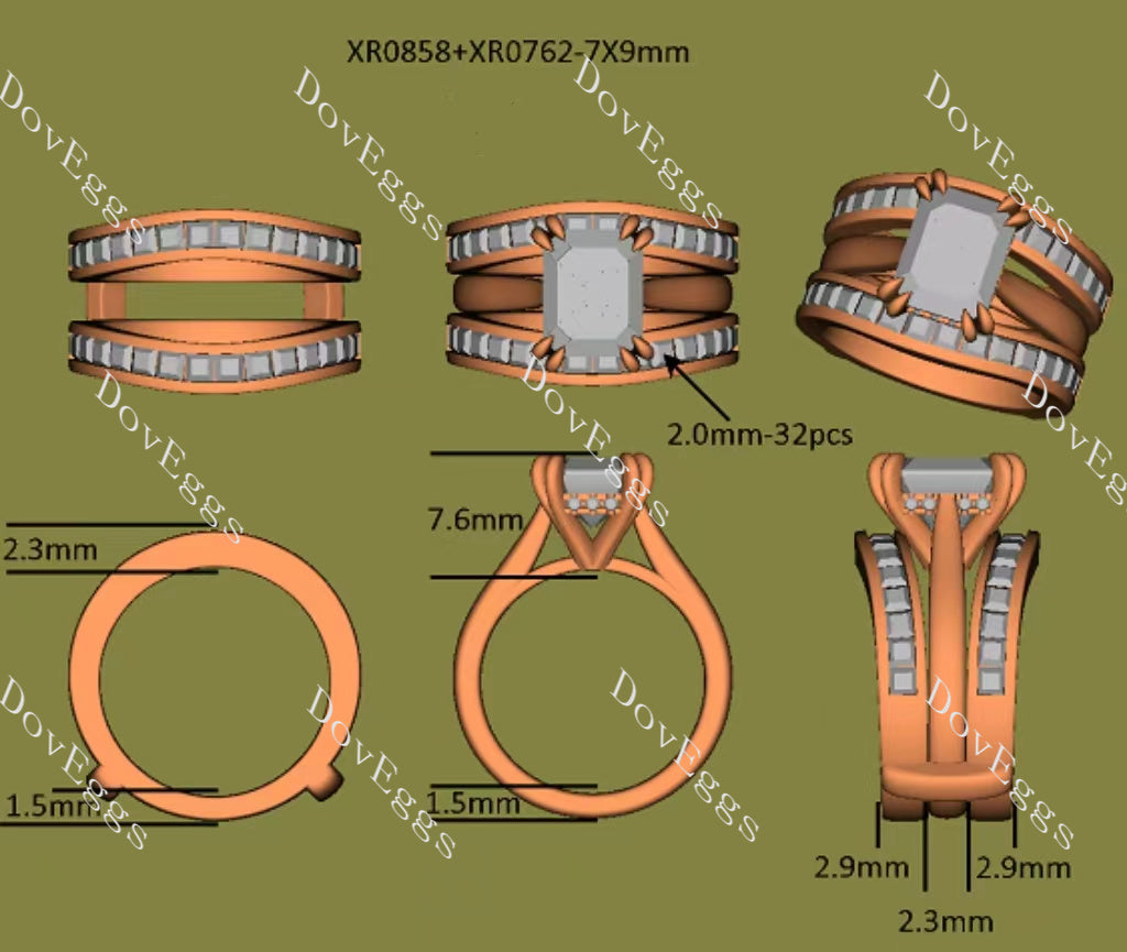 Doveggs princess moissanite/lab grown diamond wedding band/enhancer-8.1mm band width
