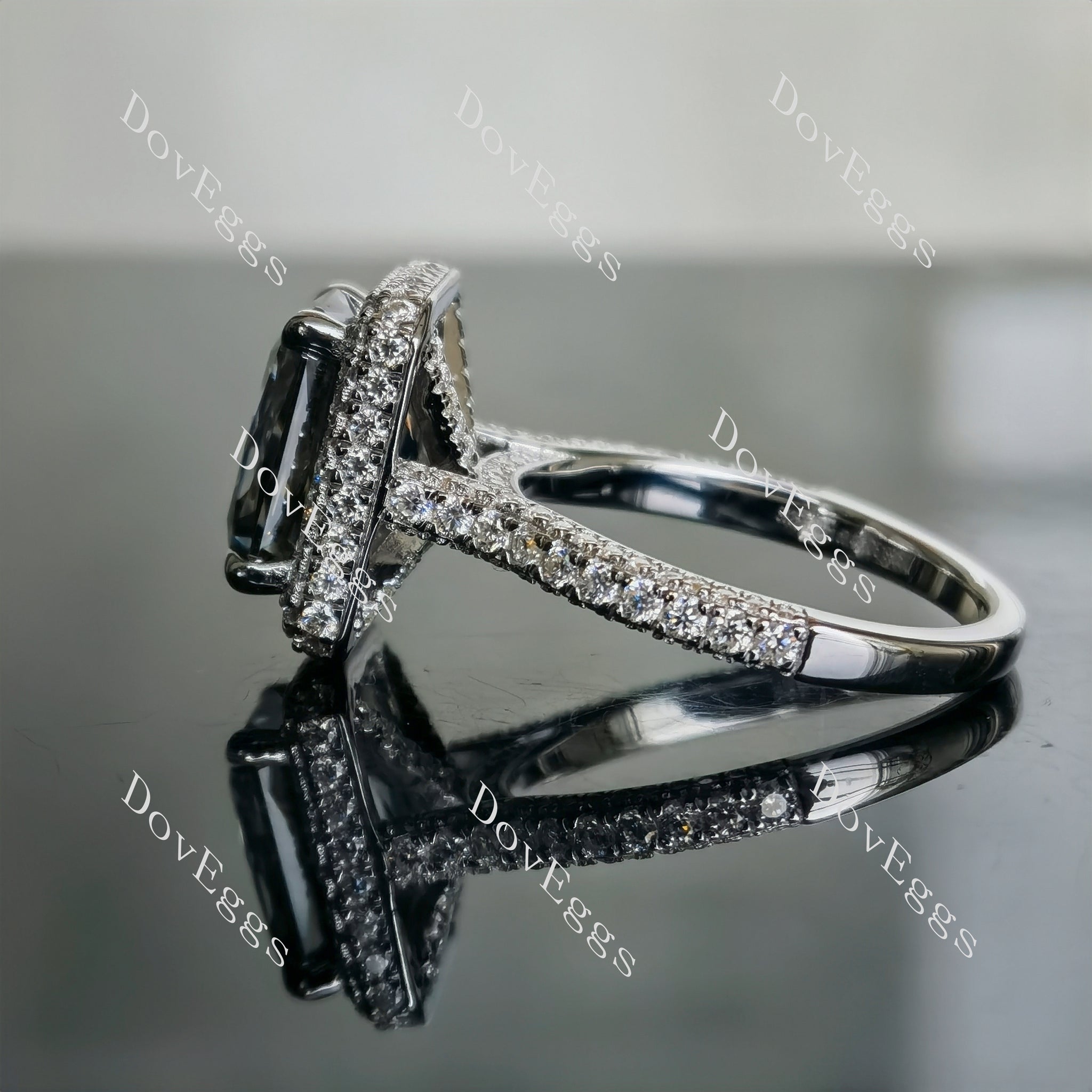 Doveggs criss cut cathedral pave halo stardust grey moissanite engagement ring