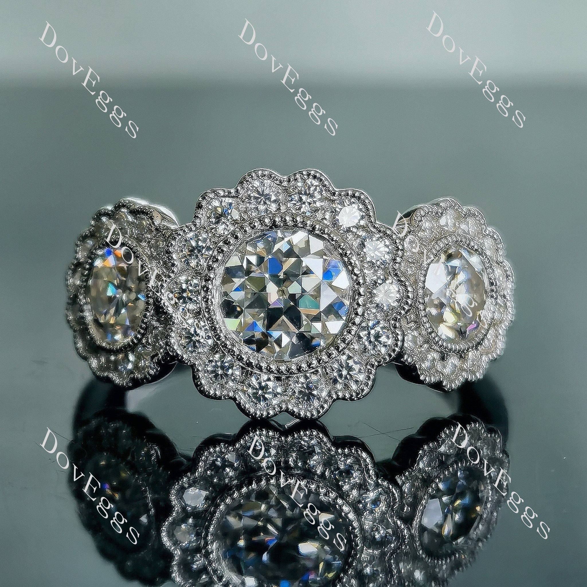 Doveggs round floral halo three stones moissanite engagement ring