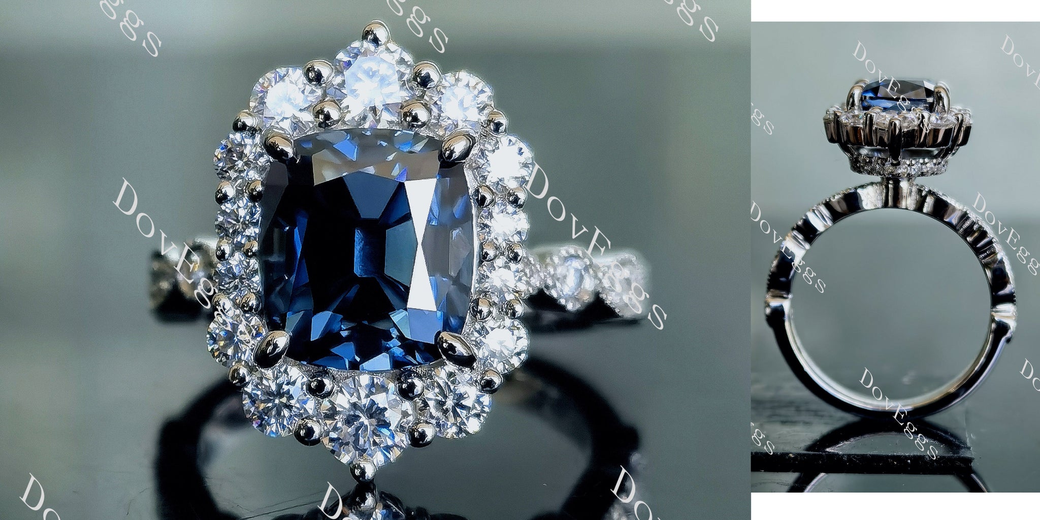 The Cristina cushion art deco halo twilight blue moissanite engagement ring