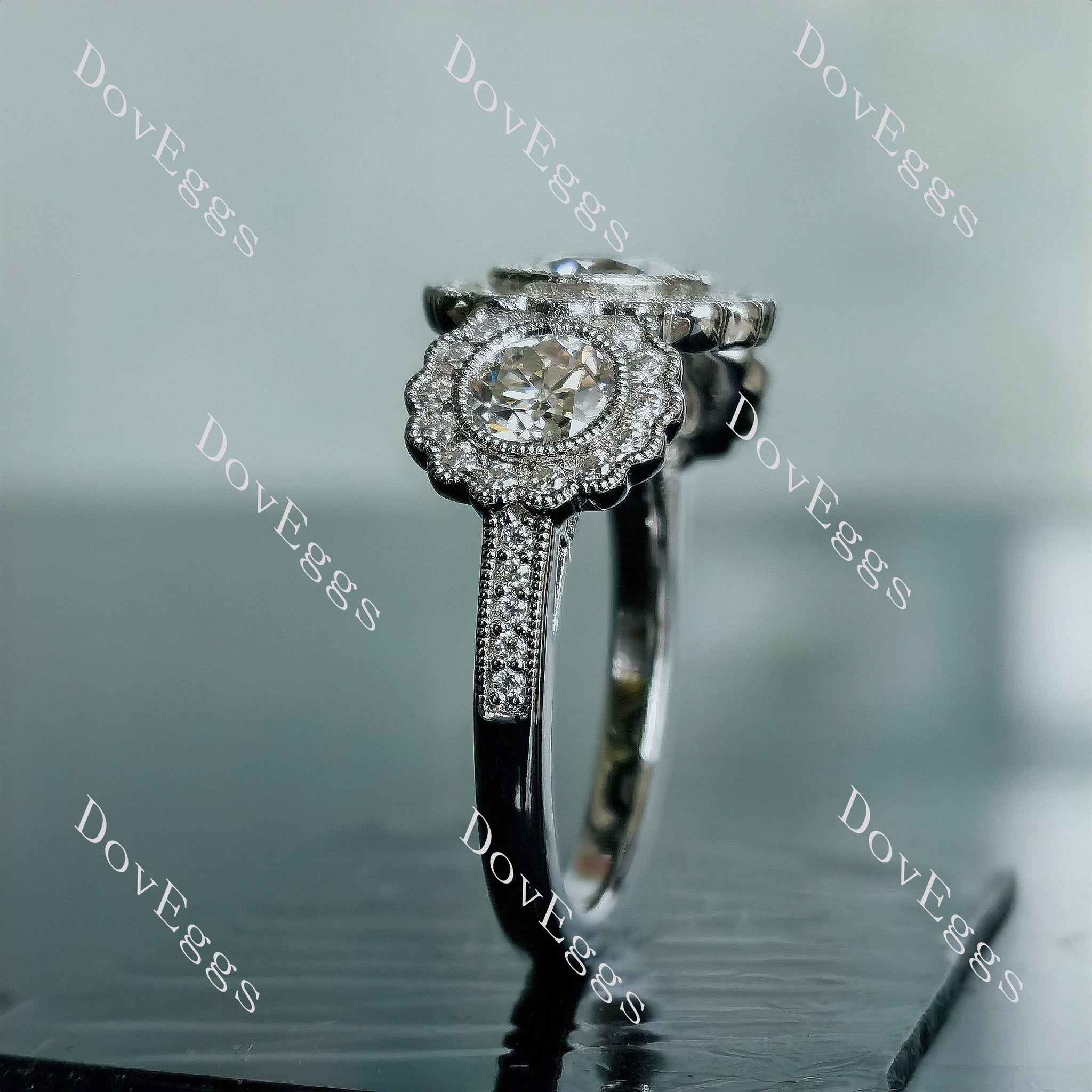 Doveggs round floral halo three stones moissanite engagement ring