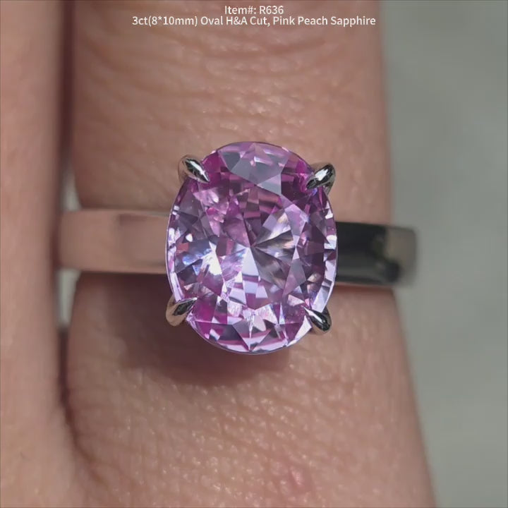 DovEggs 3ct oval H&A cut pink peach sapphire solitaire engagement ring for women