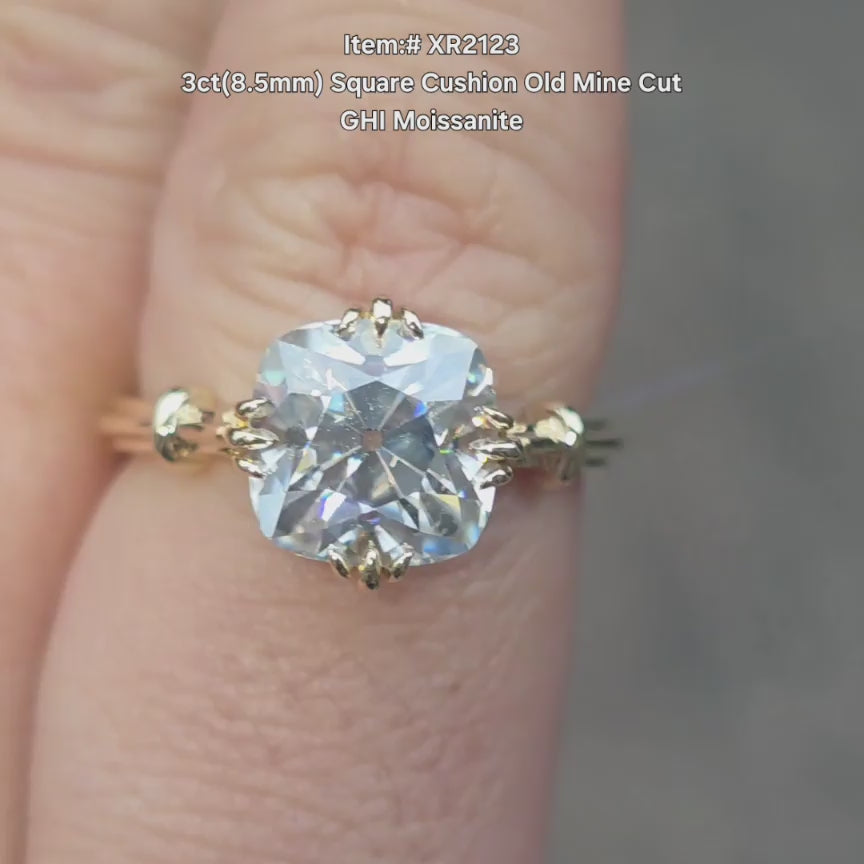  DovEggs Old Mine Cut Sqaure cushion moissanite ring sparkling in sunlight video