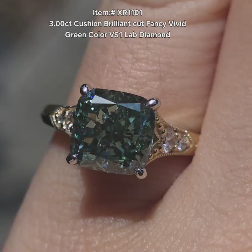 DovEggs art deco fancy vivid green cushioon lab diamond engagement ring in sunlight