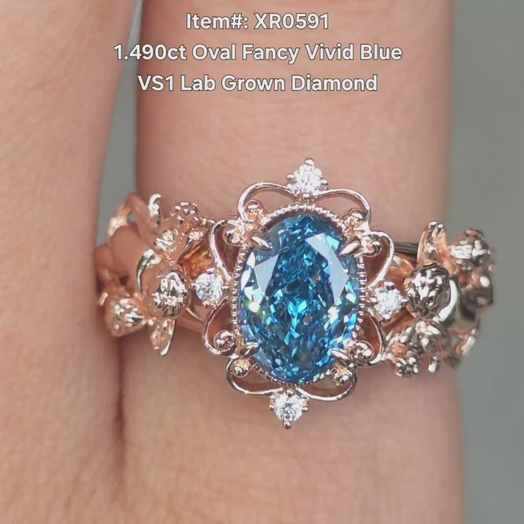 1.49ct Oval art deco fancy vivid blue lab diamond emgagement ring video