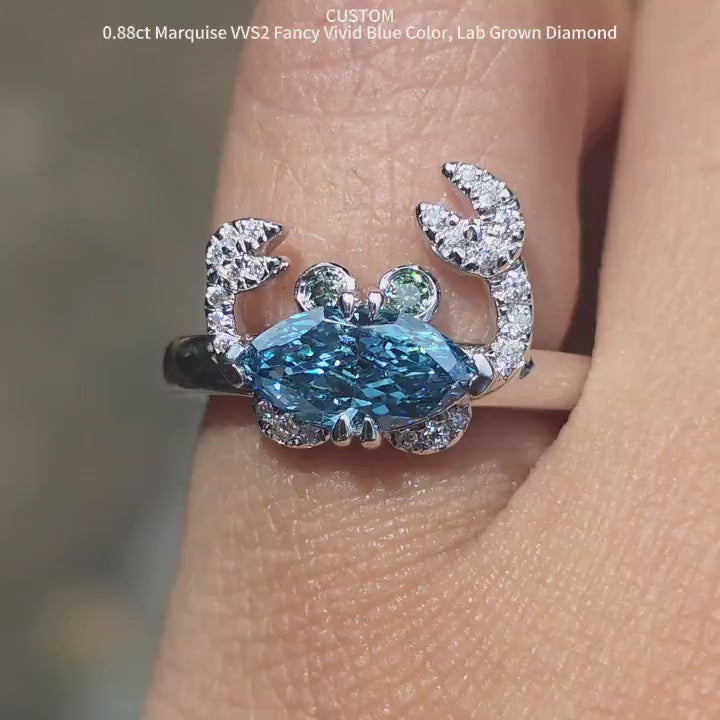 DovEggs Marquise fancy vivid blue lab diamond crab engagement ring video in sunlight