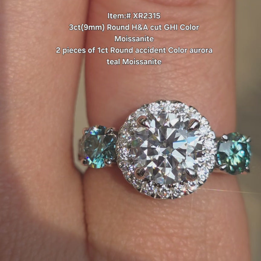 DovEggs Round H&A cut GHI color moissanite ring sparkling in sunlight video.