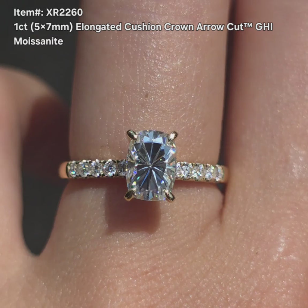 DovEggs Elongated cushion Crown Arrow cut moissanite ring sparkling in sunlight video