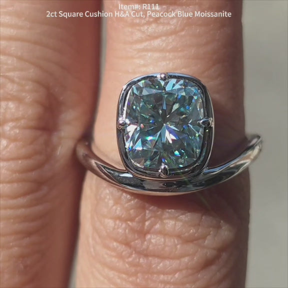 2ct square cushion H&A Cut Peacock Blue Moissanite