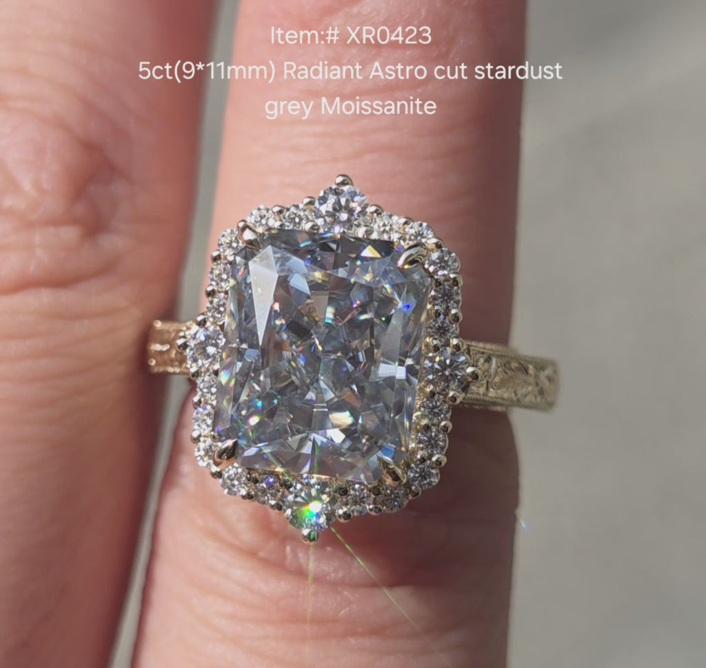 Radiant astro cut stardust grey moissanite engagement ring|Doveggs