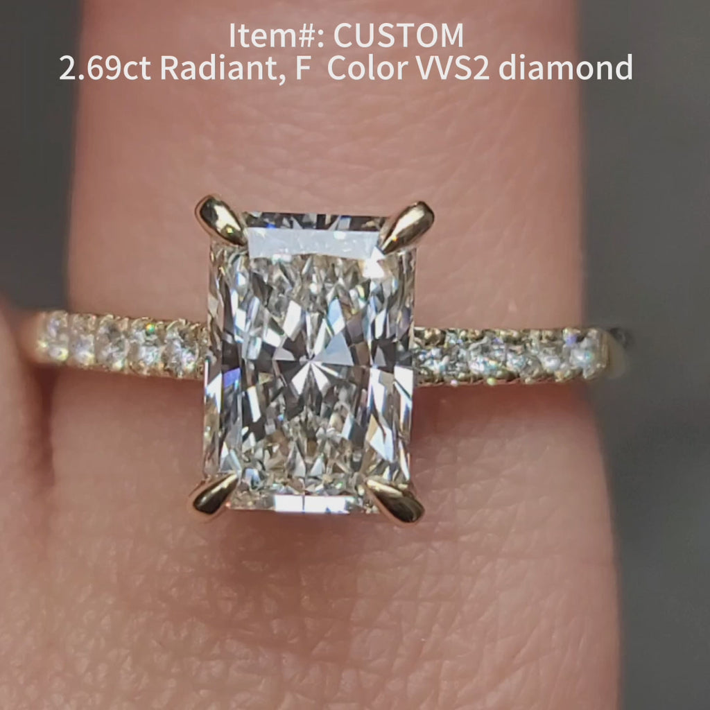 DovEggs radiant lab diamond with accents engagement ring under outdoor lighting