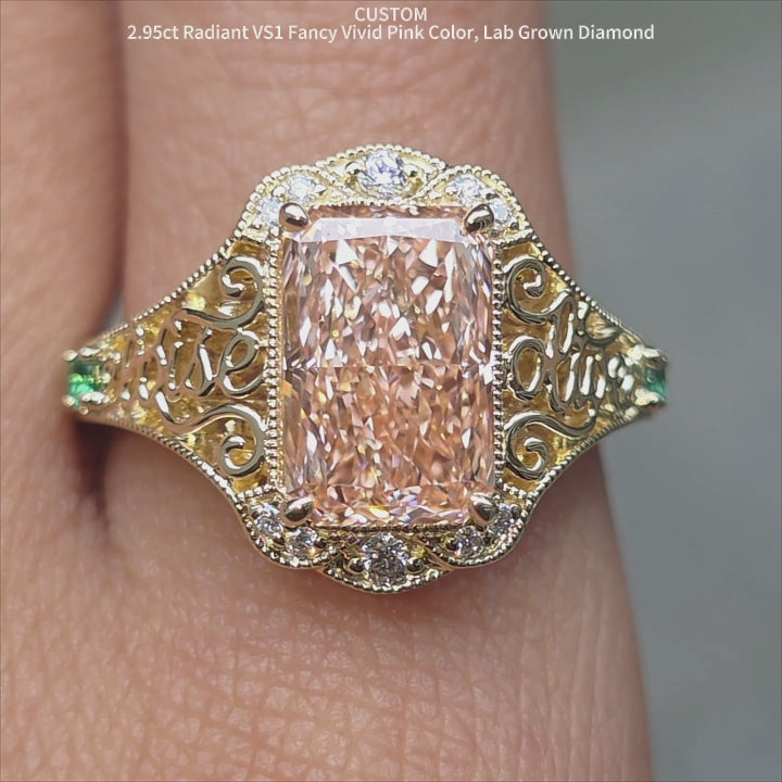 xr2700-DovEggs radiant carved art deco pink lab diamond engagement ring video