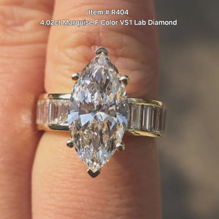 Doveggs 4.02ct Marquise Lab Grown Diamond rIng on hand outside video