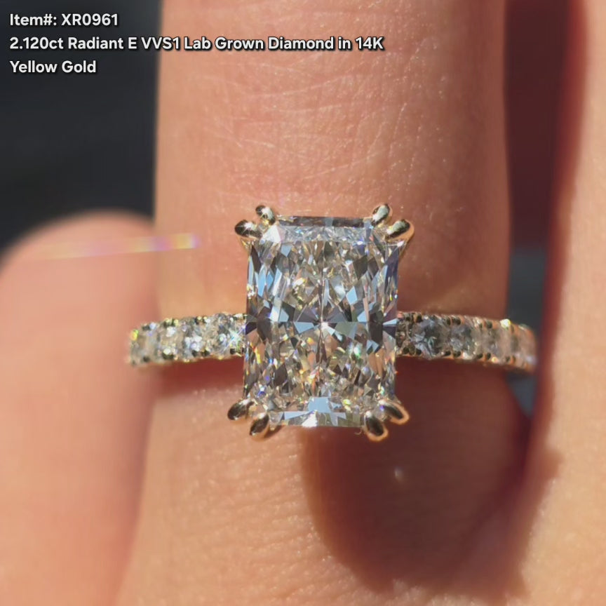 DovEggs 2.12ct Radiant E color Lab Grown Diamond Ring – Engagement Ring with Double claw prongs  for Women