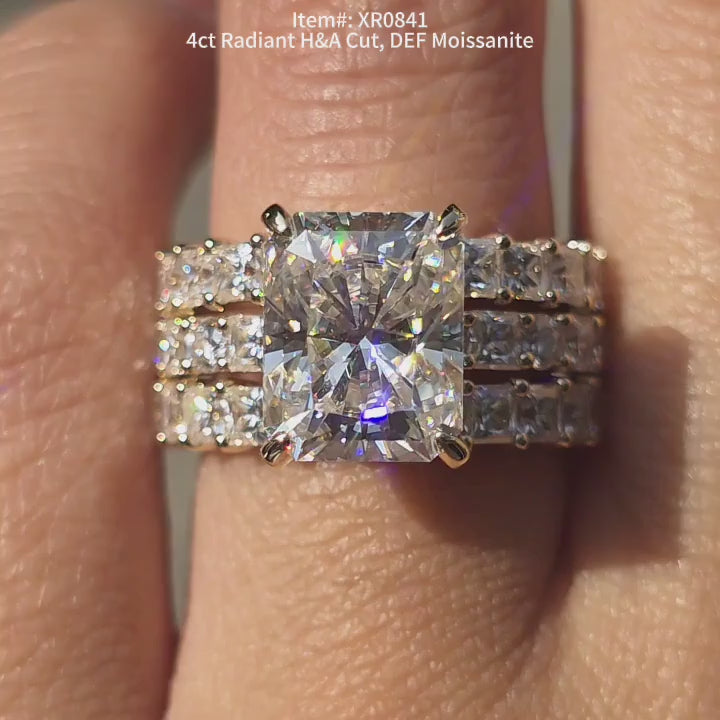 Doveggs 4ct radiant moissanite engagement ring includes 2 matching wedding rings