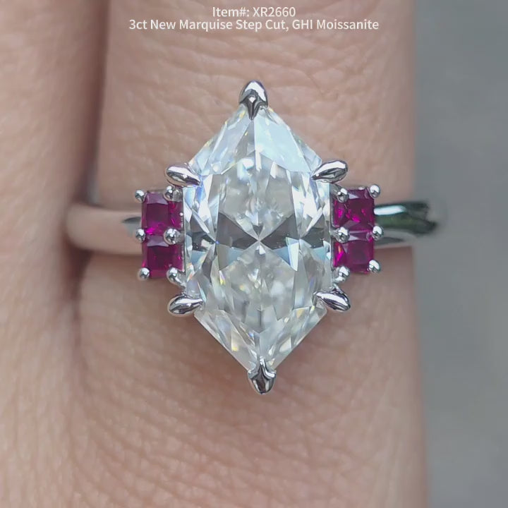 DovEggs Marquise side stones moissanite engagement ring with princess ruby sapphire video