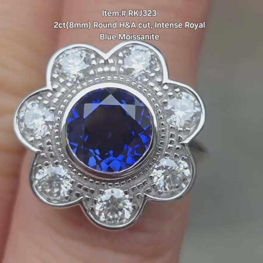 DovEggs round blue sapphire floral engagement ring video
