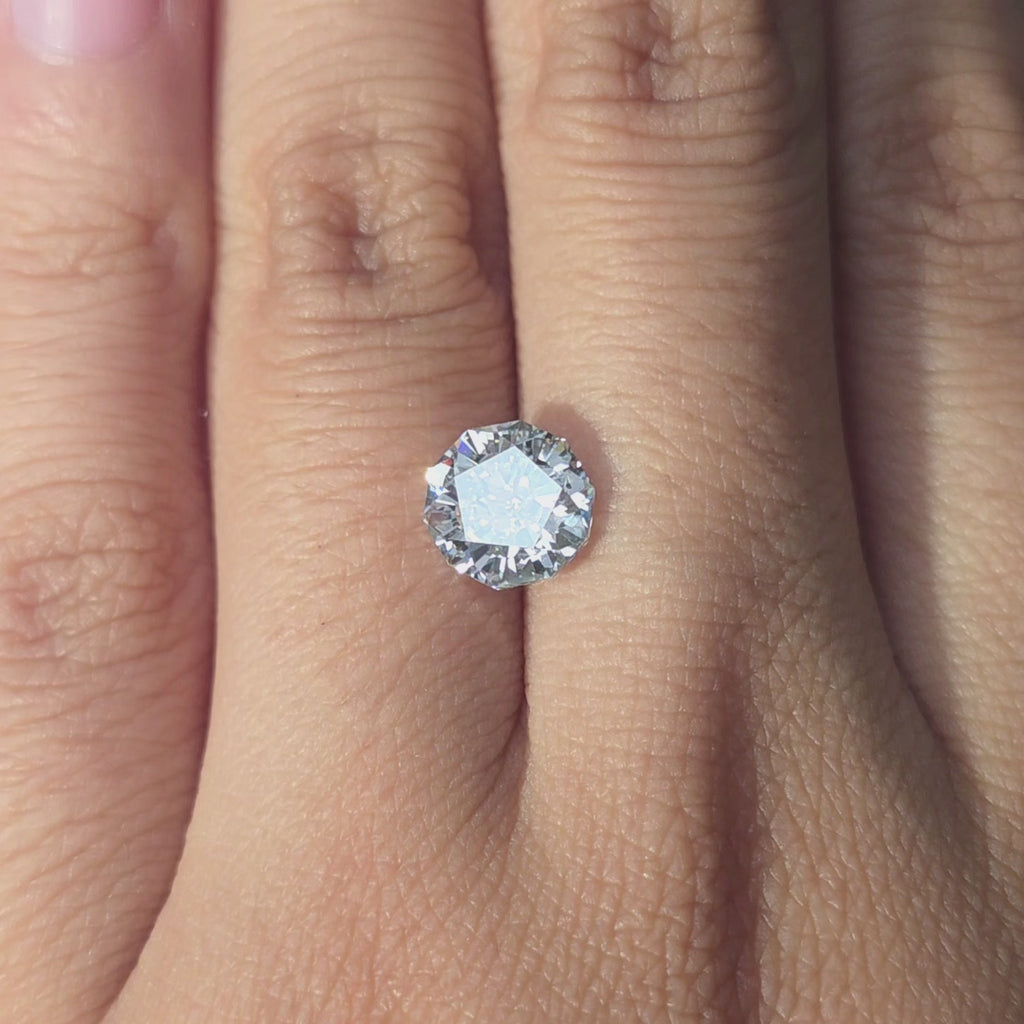 Lab diamond 2.08ct modified Sakura cut F color VVS2 by DovEggs hand modeled in warm indoor light.