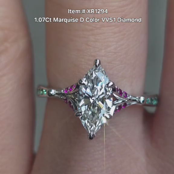 DovEggs art deco colored gem  stones marquise lab diamond engagement ring
