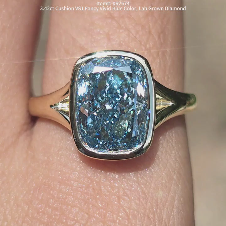 DovEggs 3.42ct Cushion Fancy vivid blu eLab Grown Diamond ring | Bezel split shank engagement rings for women.
