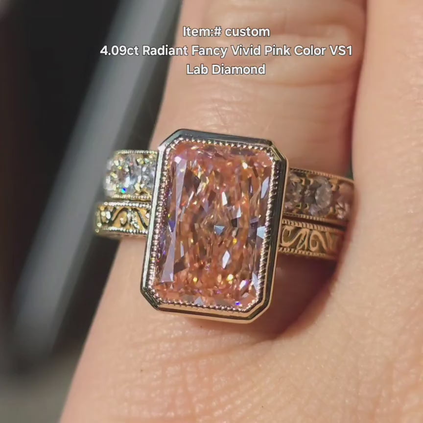 Radiant fancy vivid pink lab diamond engagement ring with carved